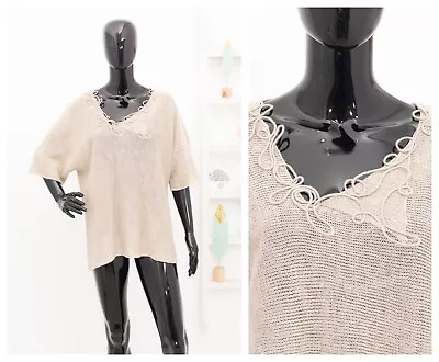 ZUZA BART Blouse Beige Dolman Sleeves 100 % Linen Rope Neck Applique L • £41.99