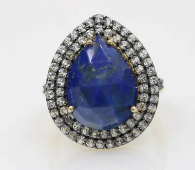 OG India Sterling Silver Vermeil Gold Lapis Lazuli & Cz Ring Size 7 ~ 7.1 Gr • $35.99