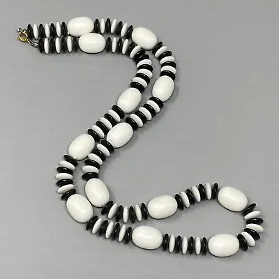 Black And White Bead Necklace Acrylic Disc Oblong Vintage Station Long Funky 27  • $15.99