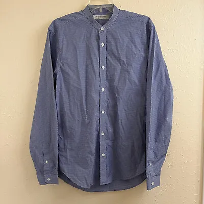 Gieves & Hawkes Shirt Mens Medium Blue Gingham Check Band Mandarin Collar • $49.91