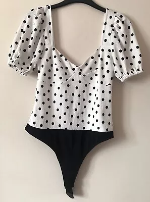 Miss Selfridge White With Black Spots Bodysuit -  Size 10 • £6.49