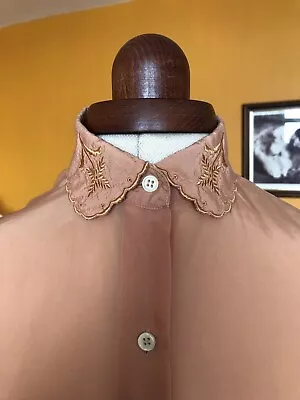 Vintage 1970s Blouse 70s Does 40s Apricot Peach Nude Shirt Embroidery UK 8 / 10 • £9.99