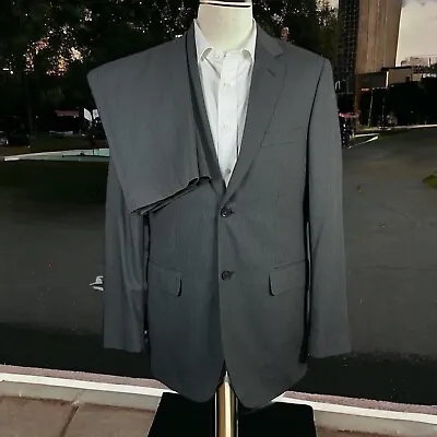 J Ferrar 2 Piece Suit Mens 38L 32x31 Gray Pinstripe Flat Front Polyester Blend • $59.40