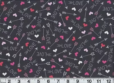 Vintage Valentine Fabric Love Cupid Arrow Hearts On Black Premium Cotton OOP • $12.74