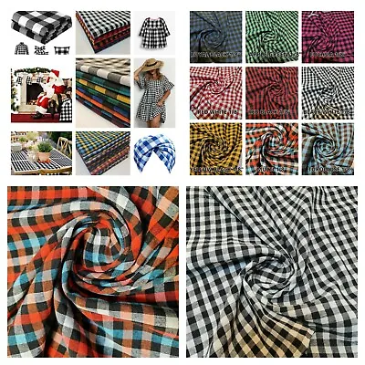 1/4  Check Gingham Fabric 100% Cotton Linen Plaid Dress Material 44  Meter • £2.89