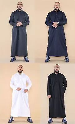 Mens Thobe Jubba Turn Down Collar Islamic Muslim Cotton Kaftan Dress Robe Arabic • £34.99