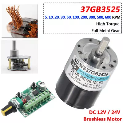 37mm DC 12V/24V Brushless Gearmotor Gearbox Motor Metal Gear 5 - 600RPM 37GB3525 • $37.05