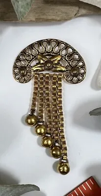 Vintage Gold Tone Dangle Tassel Brooch Pin LONG 3 7/8” Costume Jewelry 💛 • $20.40