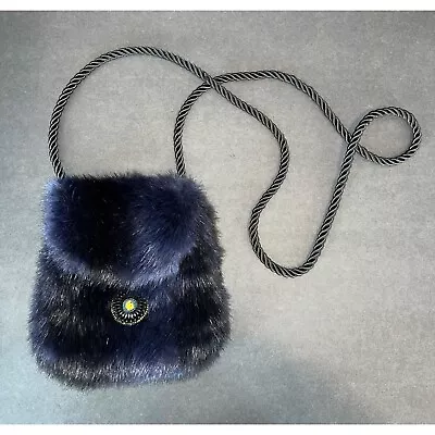 Vintage Christine Clarke Faux Fur Mink Purse Cross Body Satchel Bag Blue Artsy • $17.99