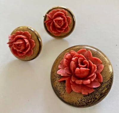 Vintage Earring Brooch Pin Set Pair Carved Resin Rose Orange Coral Red On Wood  • $28