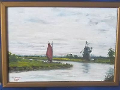 Original Oil Of A Norfolk Broads Sailing Barge And Windmill By H.Leeming 1955. • £12.99