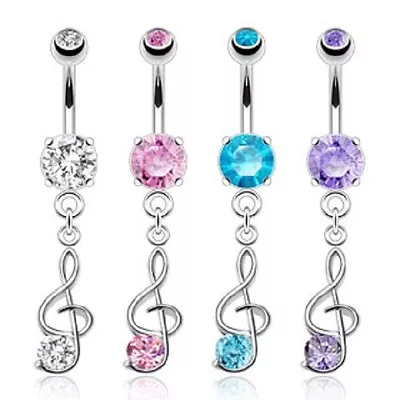 316L Surgical Steel Whimsical Note With Prong Set CZ Tail Dangle Navel Ring • $10
