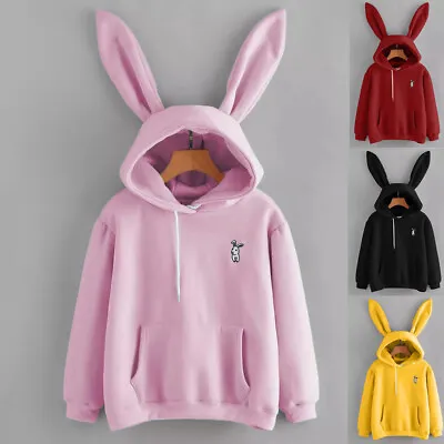 Women Solid Bunny Ears Hooded Casual Sweatshirt Hoodie Jumper Pullover Tops UK~ • £12.99