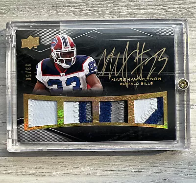 Marshawn Lynch ON CARD AUTO UD BLACK QUAD GAME USED Patch AUTOGRAPH #/50 Gold 🔥 • $450