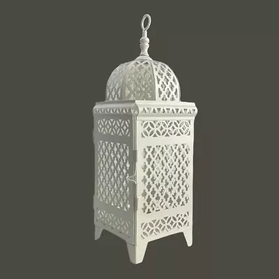 White Moroccan Filigree Lantern Candle Holder White Metal Bohemian Decor Wedding • $21.99