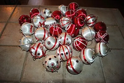 Vintage Red White Satin Hand Beaded Sequins Christmas Ornaments Handmade Lot 30 • $65