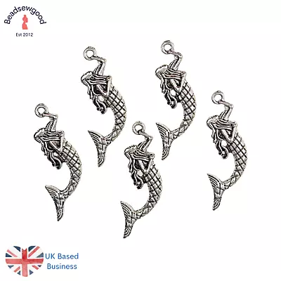 10 Antique Silver Mermaid Pendant Charms 35mm Lucky Nautical Legend • £2.79