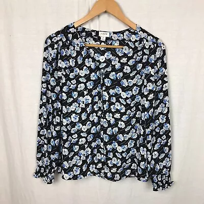 J Crew Women's Floral Print Long Sleeve V Neck Blouse Blue White Size 0 • $11.87