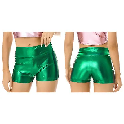 Womens Metallic Leather Booty Shorts Hot Pants Shiny Rave Festival Dance Shorts • £7.35