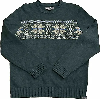 Vintage Eddie Bauer Sweater Wool Blend Crew Neck Sz L Green Apres Ski Snowflake • $29.99