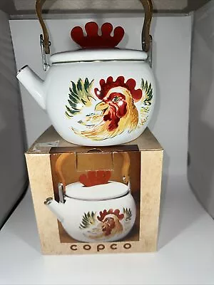 VTG Copco White Enamel Tea Kettle Pot Hardwood Handle Chicken Hen • $20