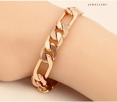 9ct 9K Rose Gold Plated Figaro Ring Links Bangle Bracelet 8mm Wid L=8.7  818 Uk • £8.99