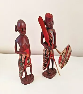 Wooden Maasai Warrior And Wife African Masai Tribal Figures 8 Inch • £16.50