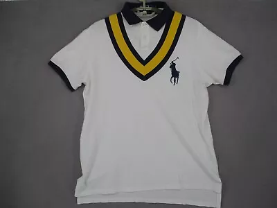 Ralph Lauren Polo Shirt Womens Medium White Blue Yellow Big Logo Stripe Button • $22