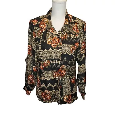 Vintage 80s Floral Satin Secretary Blouse Longsleeve Black Buttonup Sz S/M • $29.99