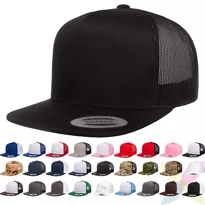 YP Classics Yupoong Flat Bill Trucker Cap Structured Meshback Snapback Hat 6006 • $14.24