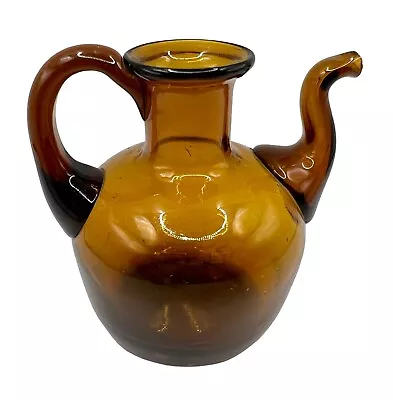 Vintage Hand Blown Glass Teapot Style Oil Vinegar Decanter Pitcher Cruet Amber • $9.99