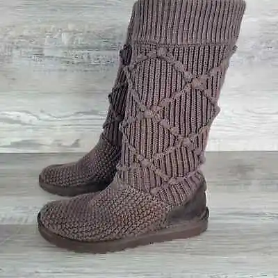 UGG Cardy 5879 Brown Sock Argyle Knit Suede Tall Slipper Winter Boots Women's 6 • $25