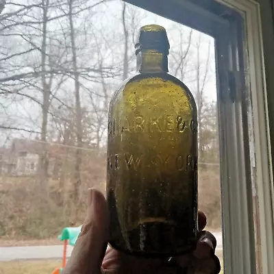 CRUDE PONTILED 1850s CLARKE & CO NEW YORK OLIVE GREEN PINT MINERAL WATER BOTTLE • $280