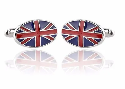 Gift Bag + Quality Oval Union Jack Cuff Links Silver Pltd Cufflinks British Flag • £5.99