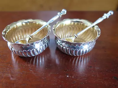 Pair 1887 George Unite Silver Salts & Pair Of Gilded 1875 H J Lias Silver Spoons • £34.95