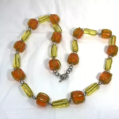 Vintage Orange Yellow Lucite Nugget Bead Link Necklace Glass Bead Wrap Silver Tn • $16.95