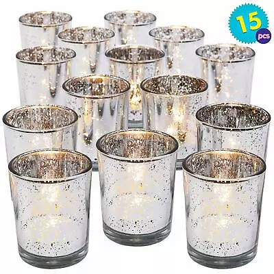 £15.99 • Buy 15 Glass Tea Light Candle Holders Votive Home Wedding Decor Red/Silver Speckled
