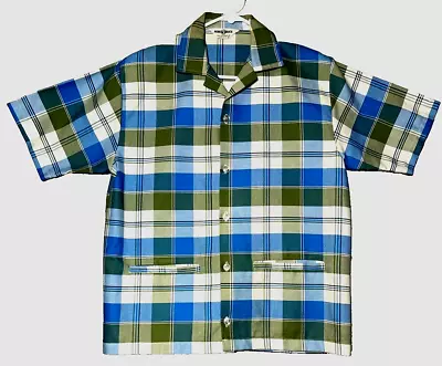 Vintage Robert Bruce Barber Shop Shirt Mens M Blue Plaid Front Pockets Button Up • $22.40