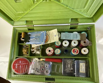 Vintage Sewing Box Max Klein Plastic W/Tray FULL Of VTG  Contents Avocado Green • $29