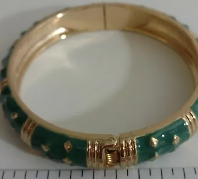 $8 • Buy Bangle Bracelet Green Enamel Over Gold Tone With Gold Tone Accents Snap Closure