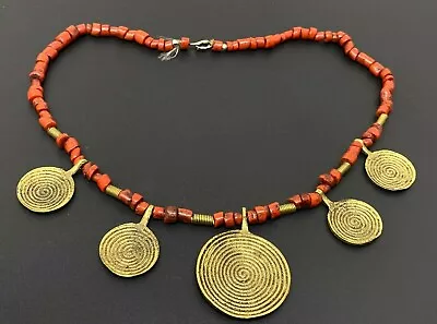 Vintage African Red Coral Brass Beaded Necklace 19  • $95