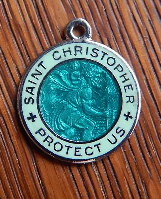 Vintage Regent Saint Christopher Dark Light Green Enamel Sterling Silver Pendant • $125