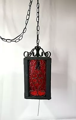 Vintage Metal Crackle Ruby Red Medieval Gothic Hanging Swag Lamp Light Caged • $115
