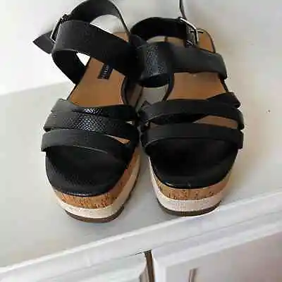 $27 • Buy Zara  Black Strap Leather  Cork Contrast Wedge Platform Sandals Size 7 (7)
