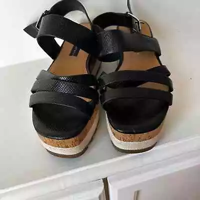 Zara  Black Strap Leather  Cork Contrast Wedge Platform Sandals Size 7 (7) • $27