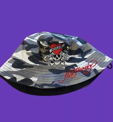 Ed Hardy Reversible Bucket Hat Grey Camo Skull Love Kills Slowly One Size Cotton • £25