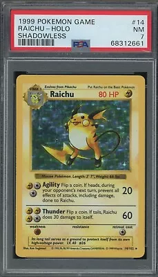 $80 • Buy Pokemon Raichu Base Set Shadowless Holo Rare #14 PSA 7 -661D2