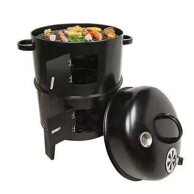 Black Smoked Oven Charcoal Grill Outdoor Barbecue Furnace Stove With Thermometer • £49.95