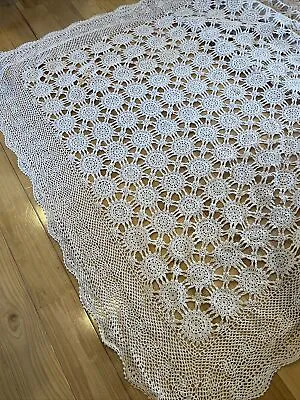 Huge Vintage Hand Crocheted Tablecloth Bed Coverlet Cotton 55” X  92” • $58