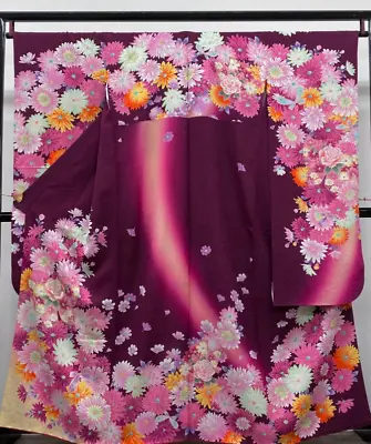 Furisode Kimono Pure Silk Purple Pink White Circle Of Flowers Japan • £237.47